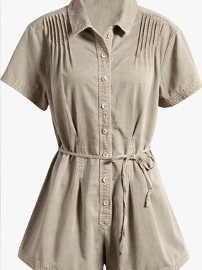 Free people Button-Front Short Sleeve Romper in Beige